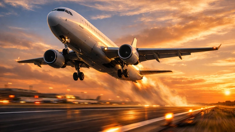 夕焼けの滑走路脇から見上げた低いアングルで、旅客機が機首を上げて離陸し車輪がぶれて見える様子、エンジン後方の陽炎と滑走路灯が光り雲のある空が黄金色に染まる情景