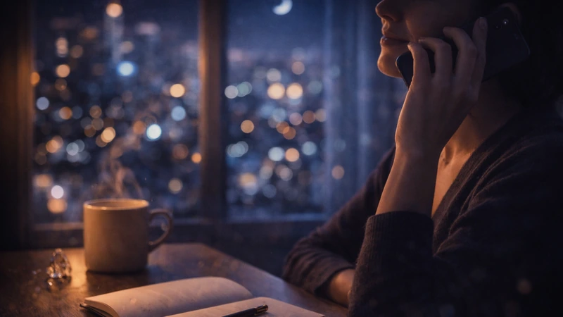 夜の窓辺で女性がスマホを耳に当てて安堵した表情になり、窓の外に街の灯りのボケと月が見え、テーブルに湯気の立つマグと小さな水晶のお守りと開いたノートとペンが置かれた落ち着いた相談後の雰囲気