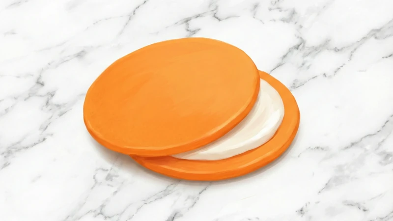 白い大理石調の背景にオレンジ色のクアトロえびチーズ風サンドせんべいが1枚置かれ、白いチーズクリーム層が厚く挟まったチェダー＆パルメジャーノのイメージ