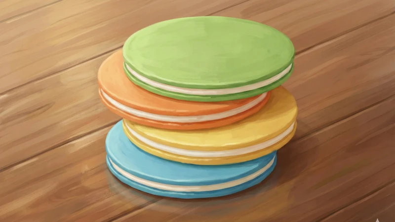 木目のテーブルの上に、緑・橙・黄・青のクアトロえびチーズ風の丸いえびせんが4枚重なり、白いチーズクリーム層が横から見えるカラフルなスタック