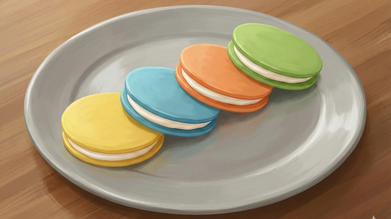 大きなグレーの皿の上に黄・青・橙・緑のクアトロえびチーズ風の丸いえびせんが斜めに並び、白いチーズクリーム層が覗く4種アソートの盛り付け