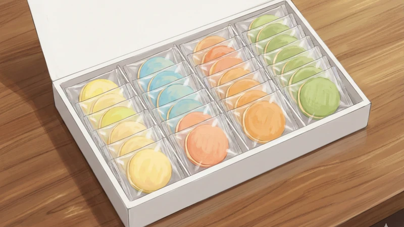 木目のテーブルに開いた白いギフト箱が置かれ、透明の個包装に入った黄・青・橙・緑のクアトロえびチーズ風サンドせんべいが仕切りに整然と並ぶ詰め合わせ