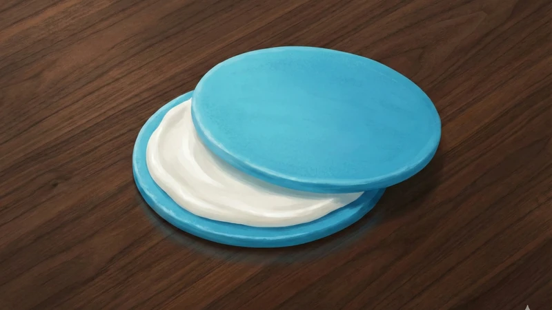 濃い木目のテーブルに青色のクアトロえびチーズ風サンドせんべいが1枚置かれ、白いチーズクリーム層が横から見えるゴルゴンゾーラ＆ハニーのイメージ