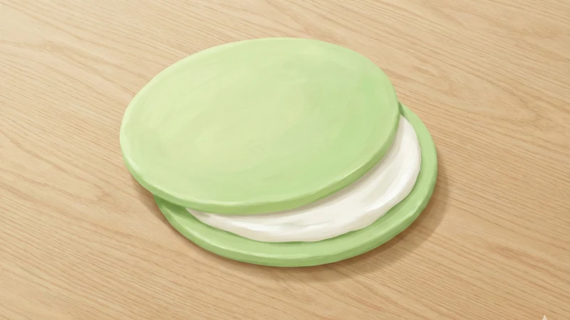 明るい木目のテーブルの上に緑色のクアトロえびチーズ風サンドせんべいが1枚置かれ、白いチーズクリーム層がとろりと挟まったモッツァレラ＆バジルのイメージ