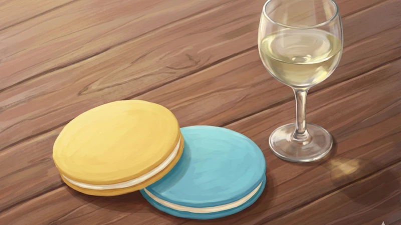 木目のテーブルに青と黄色のクアトロえびチーズ風の丸いえびせんが並び、右奥に淡い白ワインの入ったグラスが置かれたペアリングの食卓イメージ