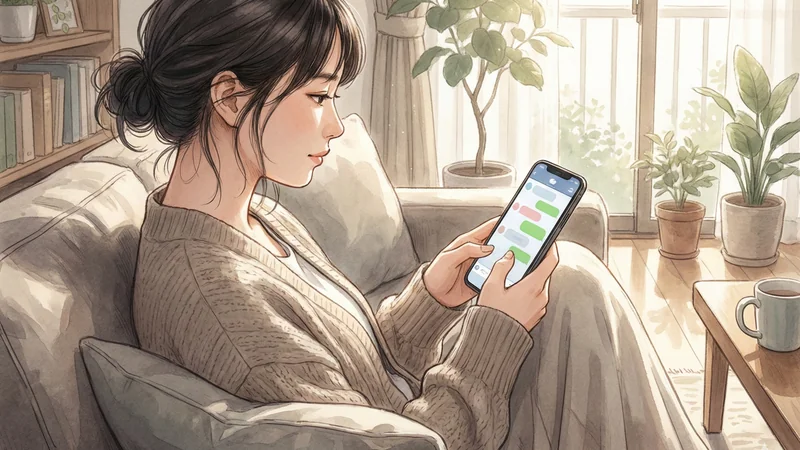 観葉植物のあるリビングでソファに座り、スマホのメッセージ画面を見ながら連絡内容を確認する女性、窓から柔らかな日差しが入る部屋