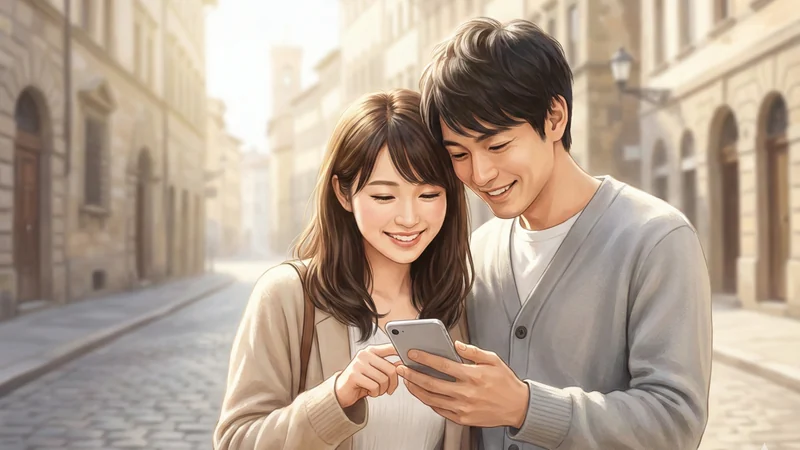 石畳の街並みでカップルが同じスマホ画面をのぞき込みながら楽しそうに話している場面