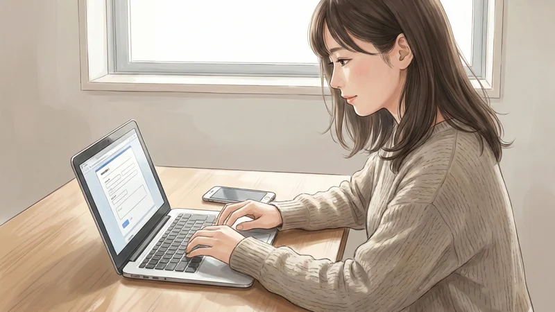 明るい室内のテーブルで女性がノートパソコンの申込フォームを入力し横にスマホを置いている場面