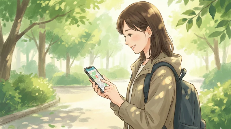 緑の多い遊歩道でリュックの女性が地図アプリのようなスマホ画面を確認しながら歩いている場面