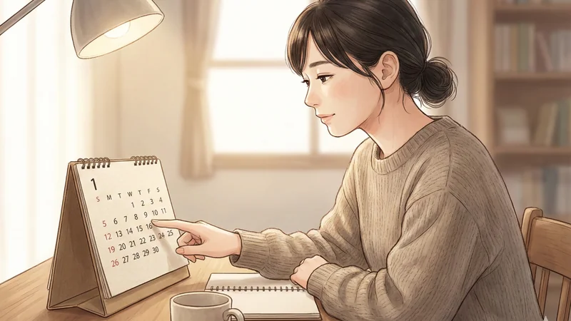 木のテーブルに置いた卓上カレンダーの日付を指で示しながら予定を確認する女性、手元にノートとマグカップがある作業スペース