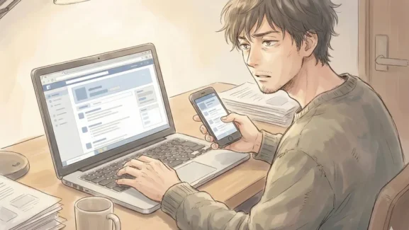 デスクライトの下の木机でノートパソコンの手続き画面を開き、片手にスマホを持って申し込み内容を確認する男性、書類の束とマグカップが置かれた在宅作業の雰囲気