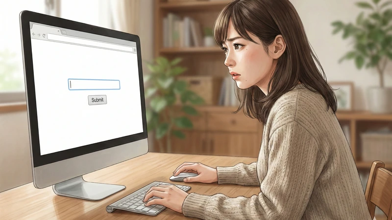 明るいリビングの木のテーブルで女性がデスクトップPCの入力フォーム画面を見つめ、キーボードとマウスに手を置いて困った表情をしている場面、背後に収納棚と観葉植物があり柔らかな日差しが差し込む室内