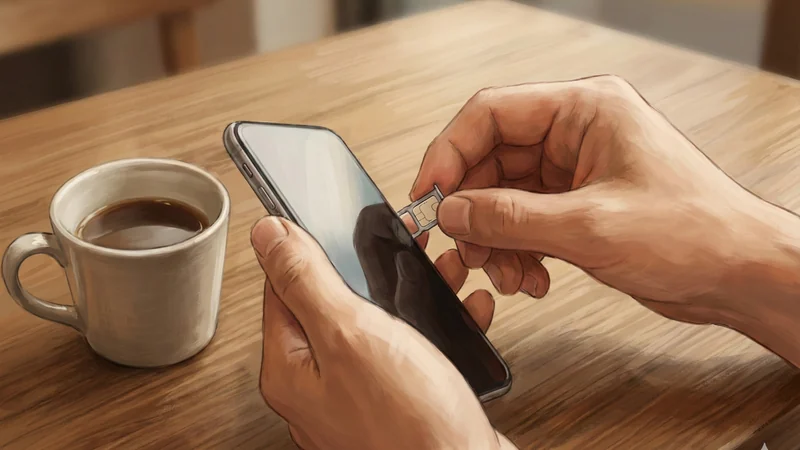 木のテーブルで手元だけが写りスマホにSIMカードトレーを差し込もうとしている場面とコーヒーカップ