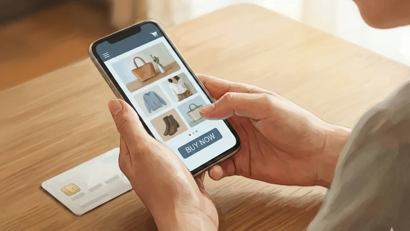 木のテーブルで両手にスマホを持ちネット通販の画面を操作し横にカードが置かれている場面