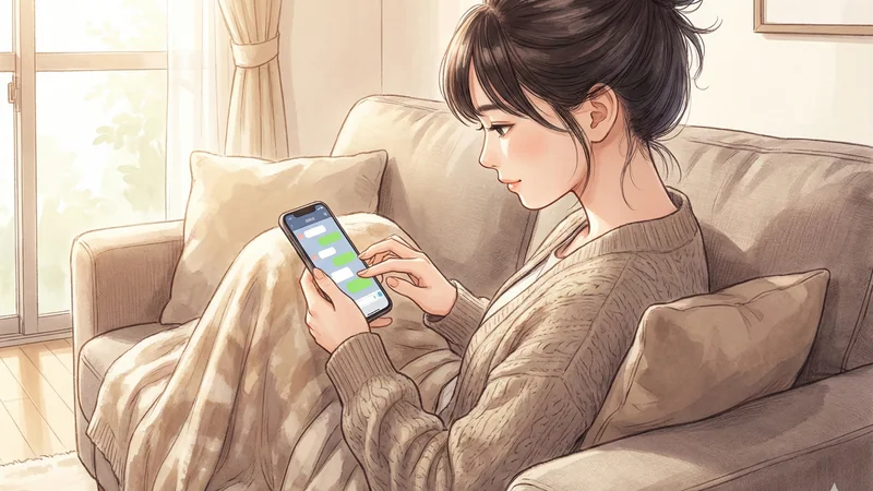 明るいリビングのソファでひざ掛けに包まりながらスマホでチャットを操作する女性、クッションに囲まれたくつろぎの室内