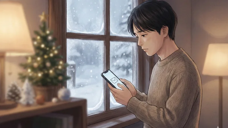 雪景色が見える窓辺の室内で、届いた通知を確認するようにスマホを見つめる男性、暖色の間接照明と小さなツリーが灯る静かな夜