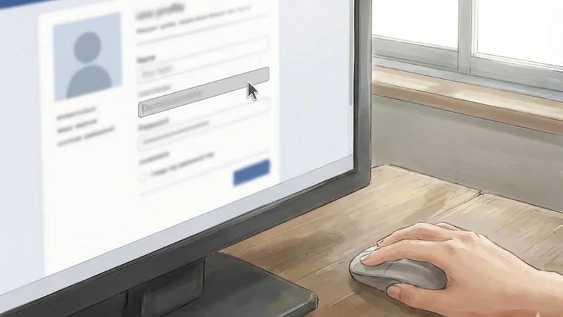 ログインフォームがぼけて映るモニターの前でマウスを握る手元、木目のデスクと窓際の光でオンライン手続きの緊張感