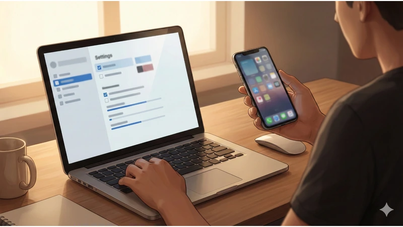 夕方の柔らかい光が差し込む部屋で、人物がノートPCの設定画面風UIを開きながらスマホを手に持って確認し、木のデスクにマグカップとマウスが置かれている場面
