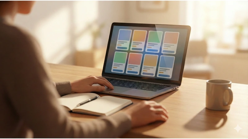 暖かい日差しの木のデスクで人物がノートPCに商品一覧のカード型UIを表示し、ノートとペンを横に置いて購入商品を選んでいる場面、右側にマグカップ