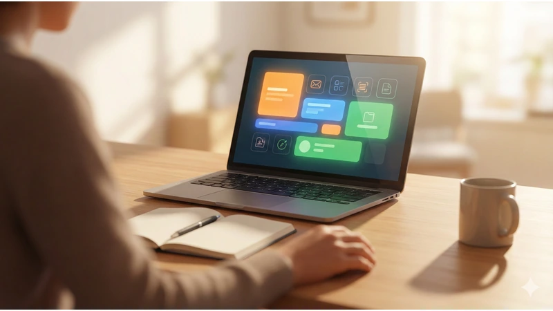暖かい日差しが差し込む木のデスクで、ノートとペンの横に置いたノートPCにポイント倍率のダッシュボード風UIが表示され、手元だけ見える人物が買い物前に確認している場面、右側にマグカップ