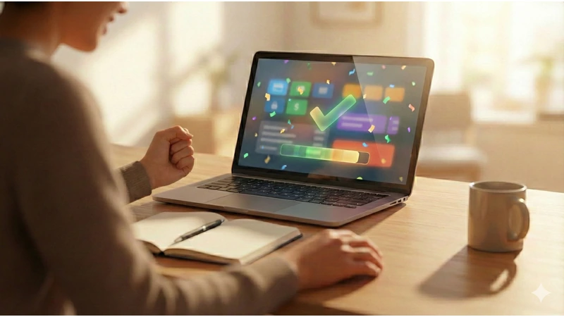 暖かい日差しの木のデスクで人物がノートPCの購入完了を示すチェックマークと紙吹雪の演出が出た画面を見て小さくガッツポーズし、手前にノートとペン、右側にマグカップが置かれている場面