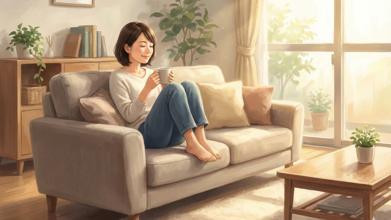 家事が片付いた明るいリビングでソファに座りマグカップを持ってくつろぐ女性のシーン