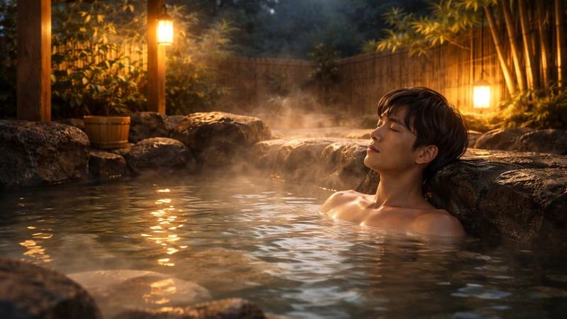 夕暮れの露天風呂で湯気が立ちのぼる岩風呂に肩まで浸かり、目を閉じてくつろぐ人物、竹林と木柵と行灯の暖かい灯りが背景にある静かな温泉風景