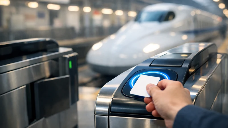 新幹線の自動改札で、手元のICカードを青く光る読み取り部にタッチし、ゲートが開き始める瞬間、背景にはホーム照明と白い新幹線がやわらかくボケて見える