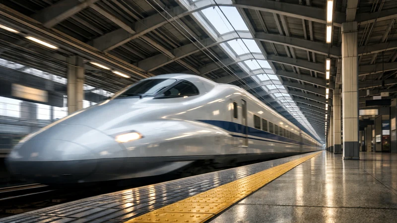 ホーム端から見上げる低いアングルで、白い新幹線がスーッと滑り込み、車体側面が奥へ長く伸びて遠近感が強調される光景、頭上には駅の屋根梁が連なり柱が規則的に並び、手前の黄色い点字ブロックと床面の質感はシャープで車体だけがわずかに流れて速度感が出ている構図