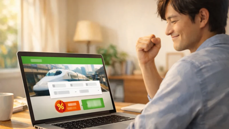 自宅の木製デスクでノートPCの新幹線予約画面を見ながら、割引確保に小さく拳を握って喜ぶ人物と、窓から差し込む暖かな日差しでやわらかくぼけた室内背景