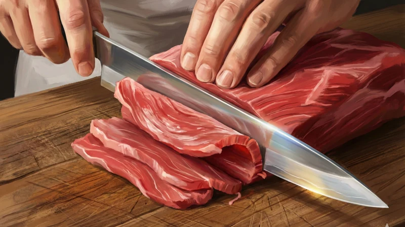 木のまな板の上で手元が包丁で赤身の馬肉を薄くスライスしているクローズアップ、白いエプロンと暖色の室内光