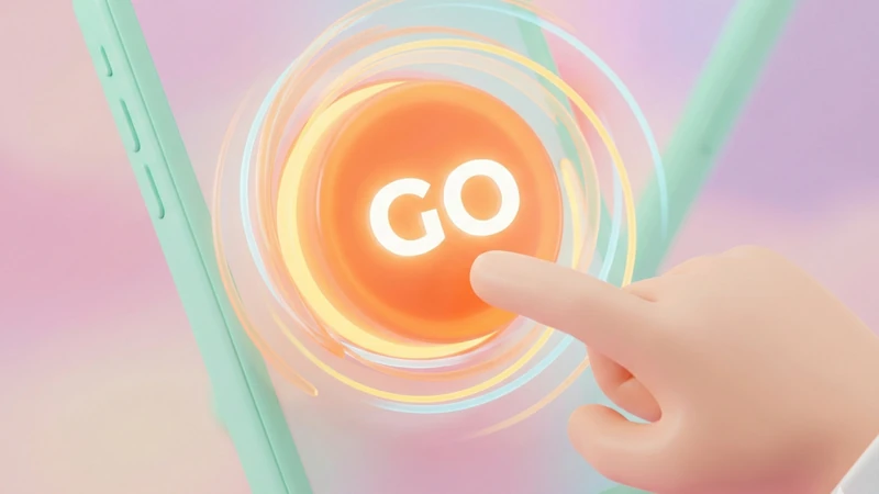 淡いグラデーション背景で、スマホ画面の光るGOボタンを指でタップするクローズアップ