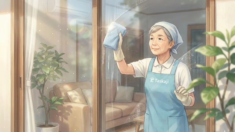 タスカジのエプロンを着たスタッフが大きな窓ガラスを拭きリビングに朝の光が差し込む場面