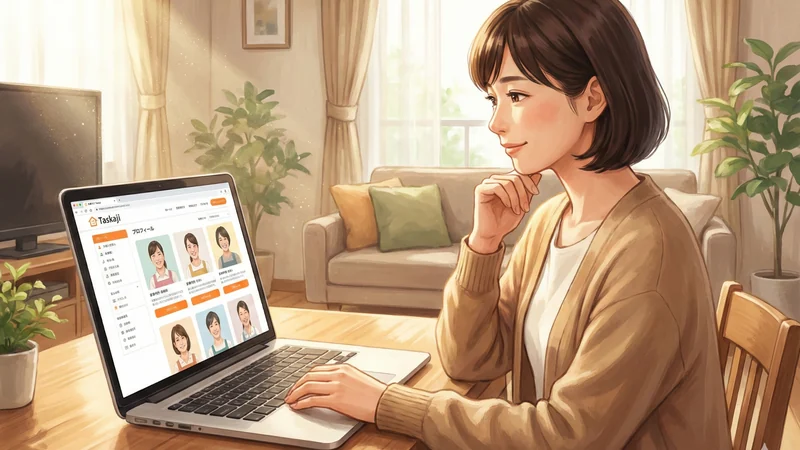 木のテーブルのノートパソコンでタスカジのプロフィール一覧を見ながら依頼先を選ぶ女性と明るいリビングの光景