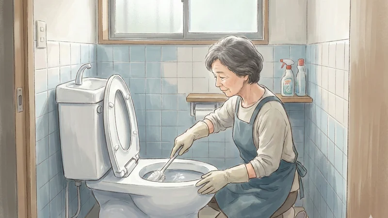 青いタイルのトイレでゴム手袋の女性がブラシで便器を掃除している様子