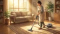 日差しの入るリビングでエプロン姿の女性が掃除機でラグを丁寧に掃除している場面