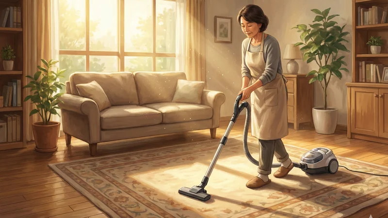 日差しの入るリビングでエプロン姿の女性が掃除機でラグを丁寧に掃除している場面