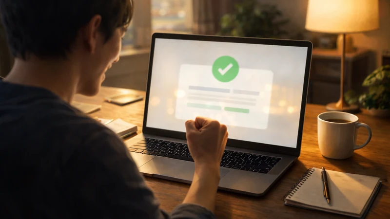 自宅の木製デスクでノートパソコンの予約完了画面風の大きなチェックマークを見て、安心した表情で小さくガッツポーズする肩越し視点、暖色の照明とマグカップとメモ帳がある落ち着いた室内