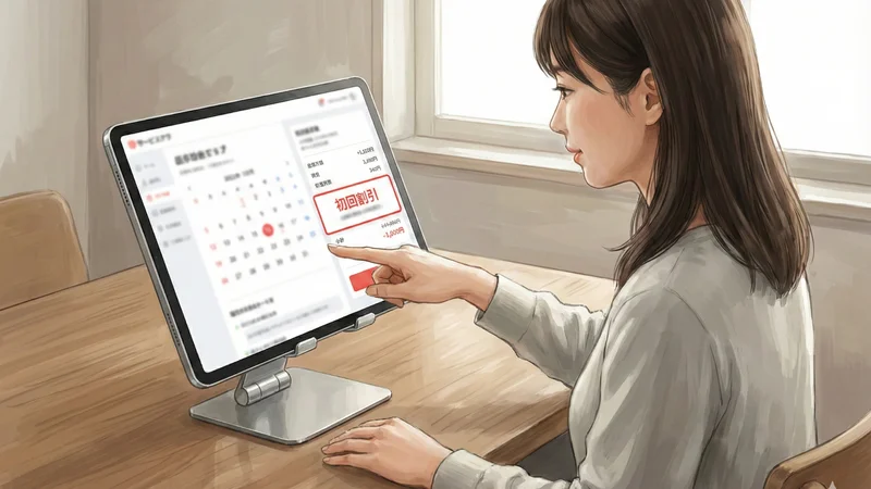 タブレット画面の予約カレンダーと割引表示を指で選択する家事代行利用者の様子