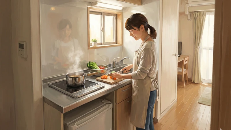 小さなアパートの明るいキッチンでエプロン姿の女性がまな板の上でにんじんを切り、IHコンロの鍋から湯気が立つ横で洗い物用シンクと小窓の植物が見える室内風景