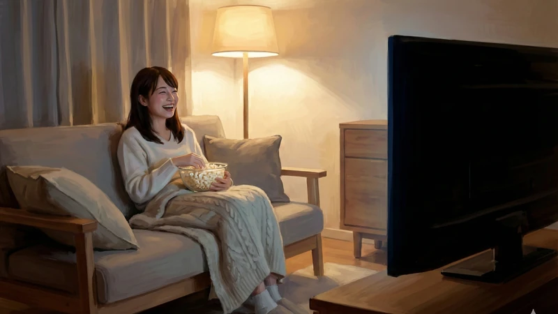 夜の落ち着いたリビングで女性がソファに座ってブランケットを掛け、ポップコーンのボウルを持ちながら大きなテレビを見て笑い、横のフロアランプとカーテン越しの柔らかな光が部屋を照らす室内風景