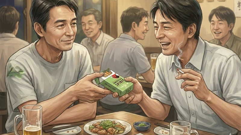 居酒屋のテーブルで料理とビールを囲み笑顔でタバコの箱を手渡す友人同士の夜の場面