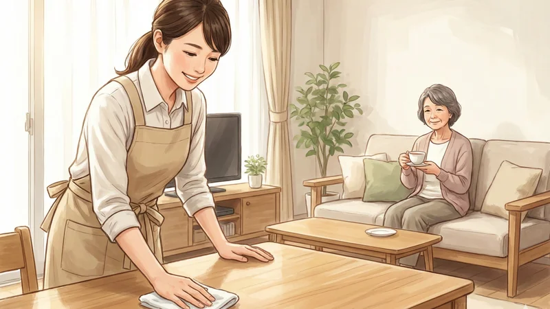 ソファに座る女性がくつろぎながら飲み物を手にし家事代行スタッフの作業を見守るリビング空間