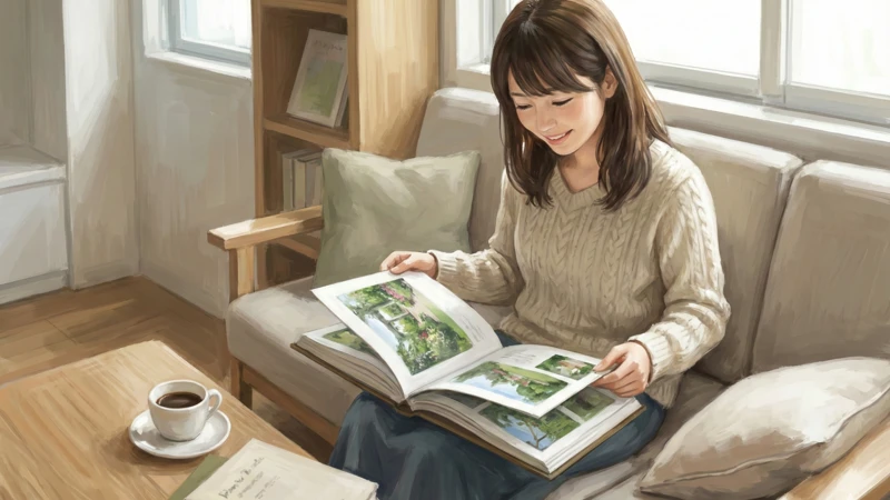 明るい室内で女性がソファに座り写真の多い本をめくる落ち着いた雰囲気