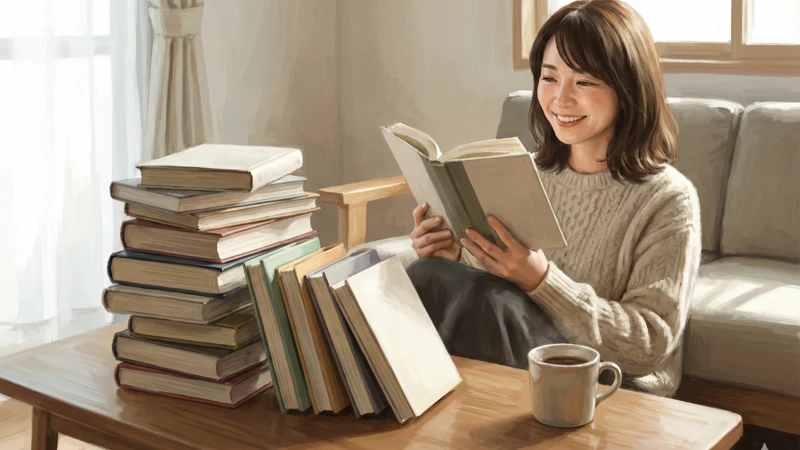 自宅のソファで女性が本を読みテーブルに積まれた本とコーヒーが並ぶ