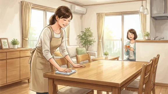 明るいリビングダイニングでエプロン姿の女性が木製テーブルを丁寧に拭き掃除している様子