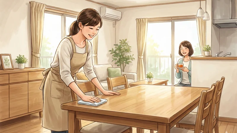 明るいリビングダイニングでエプロン姿の女性が木製テーブルを丁寧に拭き掃除している様子