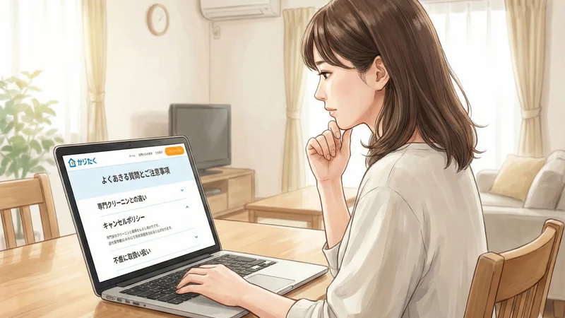 ダイニングテーブルでノートパソコン画面を見つめ家事代行サービスの案内を確認する女性の横顔