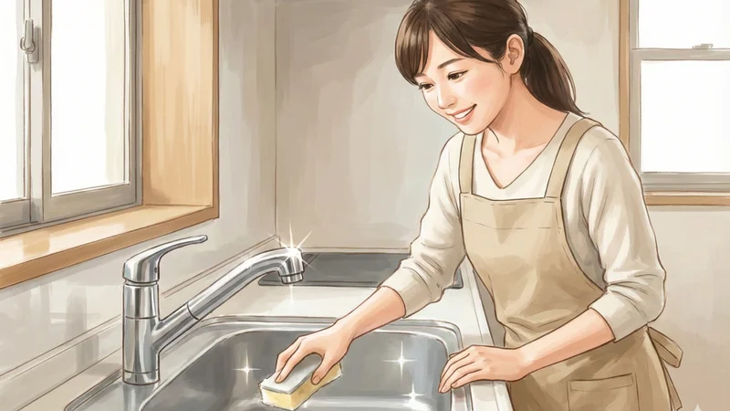 自然光の入るキッチンでエプロン姿の女性がスポンジを使いシンクを手洗いしている場面
