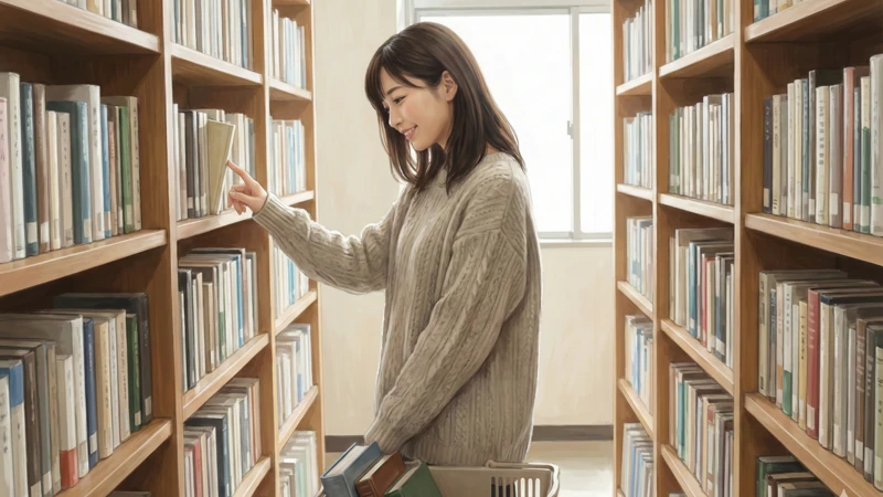 図書館の書架の間で女性が背表紙を指で選びカゴを持って歩く柔らかな自然光